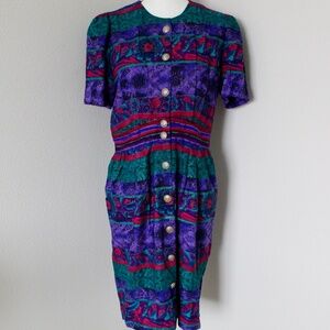 Vintage Vibrant Jewel Toned Multi-Print Button Front Dress